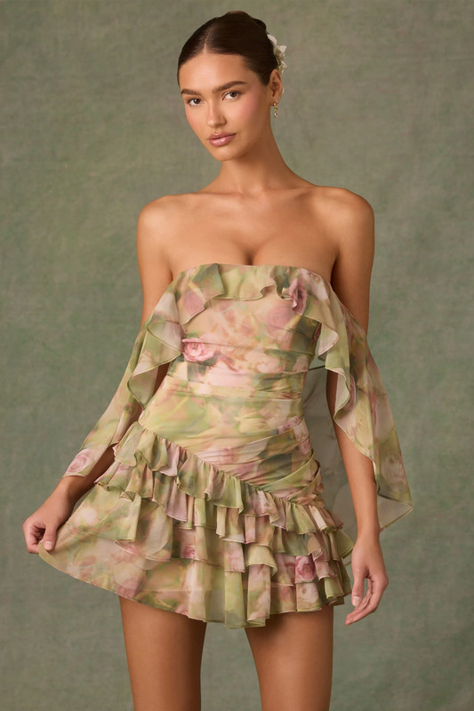 Off-Shoulder Ruffled Mini Dress in Floral Multi Print - UK Size:10